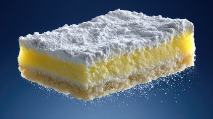 A lemon-flavored dessert bar dusted with powdered sugar.