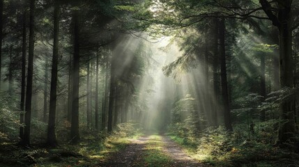 Fototapeta premium Sunlight streams through a misty forest path