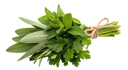 Isolated Bundle of Fresh Herbs Tied with Twine © Ines