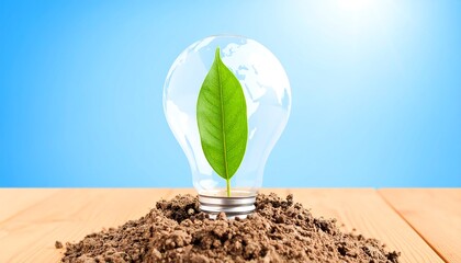 Green leaf sprouting from lightbulb in soil