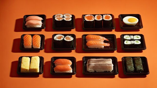 Assorted sushi and tamagoyaki in takeout containers.