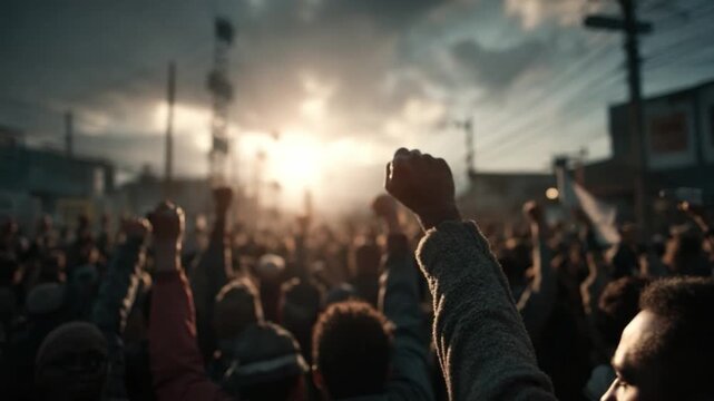 Unity in Action: A vast, tightly-packed crowd of people, their fists raised high, stand against a dynamic backdrop of city and sky, emphasizing collective will and determination. 