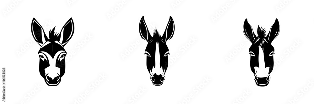 Poster illustrations of three distinct donkey heads with varying ear shapes and features in a minimalist st