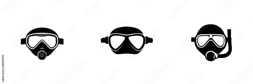 Poster diverse scuba diving masks arranged in a row showcasing various designs and features for underwater 