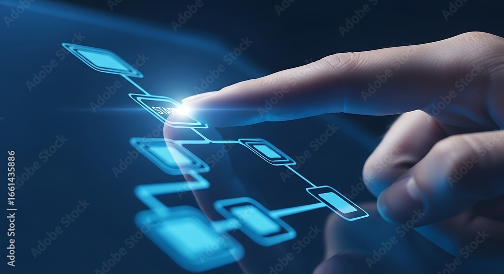 Poster close-up of a finger activating a glowing start button on a digital workflow technology interface