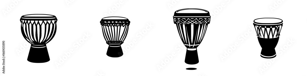 Poster different types of drums displayed in a row with unique designs and shapes on a white background