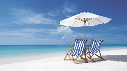 The beach chairs under a sun umbrella on a serene tropical shore.