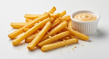 Frites dor�es croustillantes sauce onctueuse lumi�re naturelle. AI Generated