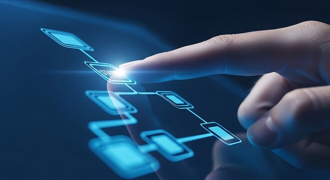 Close-up of a finger activating a glowing start button on a digital workflow technology interface