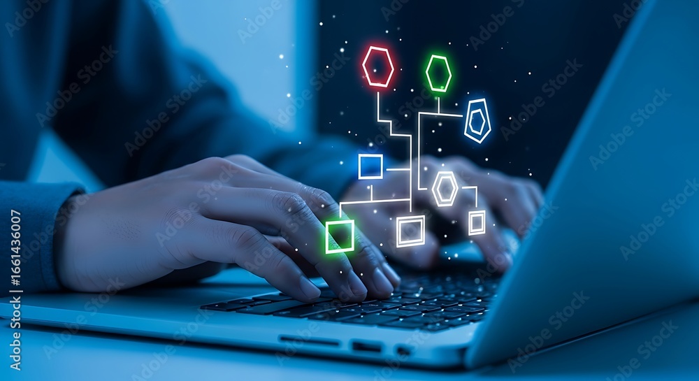 Poster close-up of hands on laptop keyboard with glowing abstract network diagram data flow technology