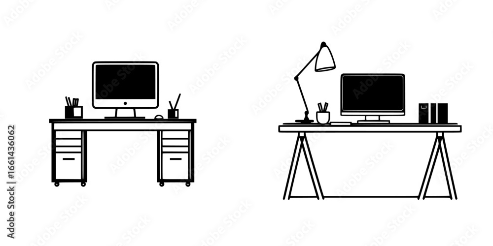 Poster minimalist home office setup showcasing two distinct desk designs with modern aesthetics and practic
