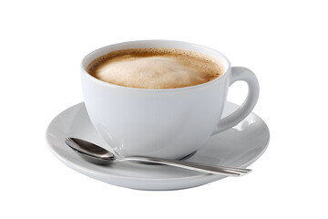 Aromatic coffee cup with rich crema, resting on a pristine white saucer