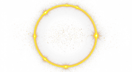 Golden circular round frame with sparkles and flares, featuring abstract luminous particles and a yellow stardust light effect on a transparent background. 