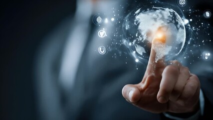 Hand interacting with a holographic projection of the globe with various icons - Powered by Adobe