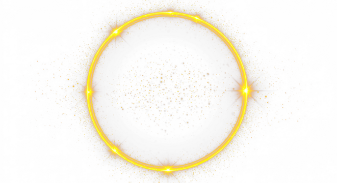Golden circular round frame with sparkles and flares, featuring abstract luminous particles and a yellow stardust light effect on a transparent background. 