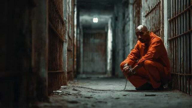 Solitary Confinement: A solitary figure, clad in an orange jumpsuit, sits alone in a dimly lit prison cell, conveying the bleakness of confinement and isolation.