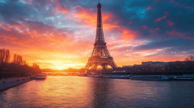 Eiffel Tower at sunset with beautiful sky and reflections on the Seine River. Romantic, colorful, and iconic.