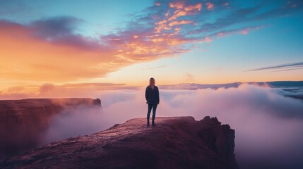 Silhouette of a woman standing on a cliff edge looking at a majestic colorful sunset