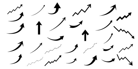 Various black upward arrows in different styles and shapes  