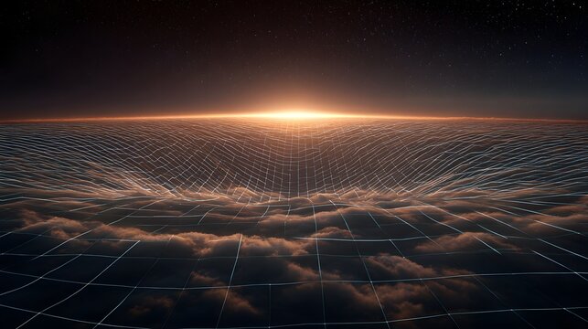 Gravity well illustration with spacetime grid and horizon of light in deep space landscape