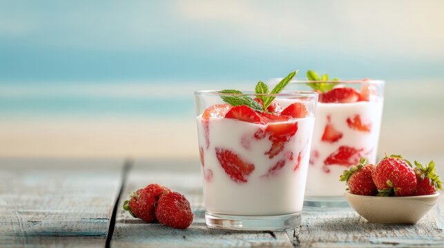 The delicious strawberry yogurt parfaits garnished with fresh mint leaves.