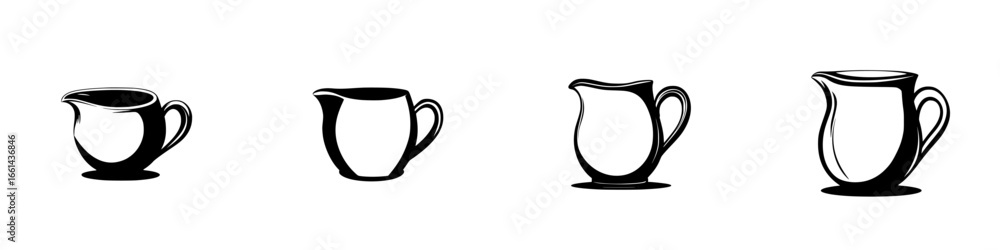 Poster different sizes of creamers displayed on a clean surface in a simple kitchen setting during the dayt