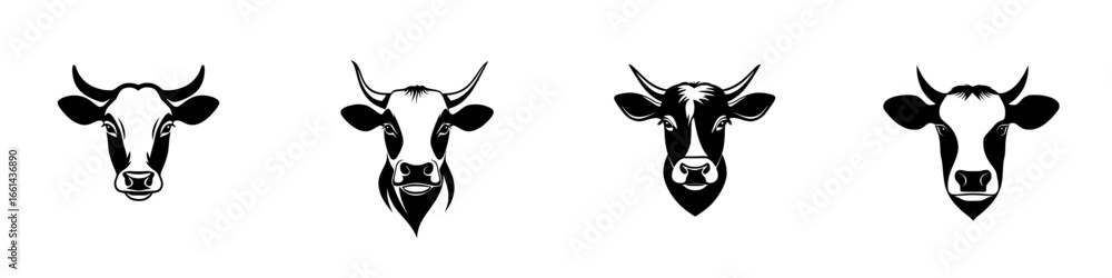 Poster four distinct cow head illustrations showcasing various expressions and features in a minimalist des