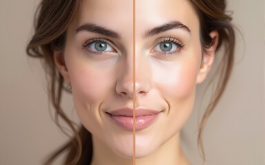 Split image showing a woman's face before and after anti-aging treatment. Ideal for visualizing skincare results, beauty products, and dermatology or cosmetic procedures. High quality