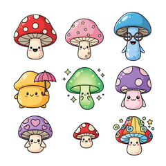 Collection of cute kawaii mushroom characters. Whimsical fungi friends cartoon vector set.