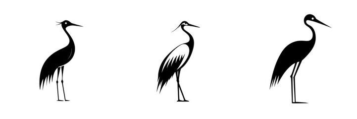 Obraz premium Stylized black and white illustrations of three unique cranes in various poses and styles