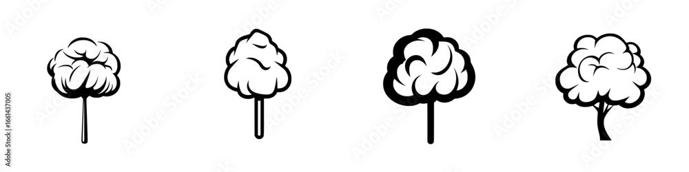 Poster different styles of tree illustrations created with simple lines and shapes showcasing various tree 