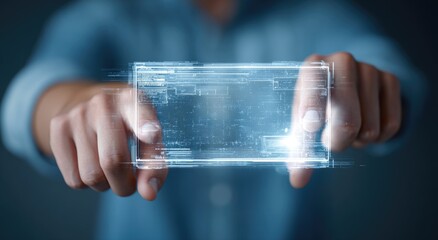 Hands holding a futuristic transparent screen