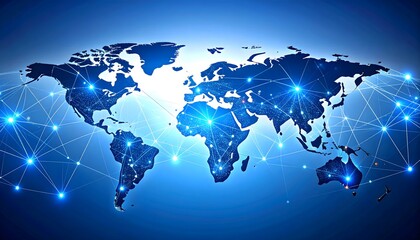 Obraz premium Futuristic holographic world map with glowing blue lines representing a global network for technology and international business communication