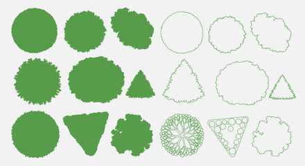 Diverse collection of green and outline tree top view icons for architectural design and landscaping