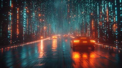 Futuristic Cars Drive Through Neon City At Night