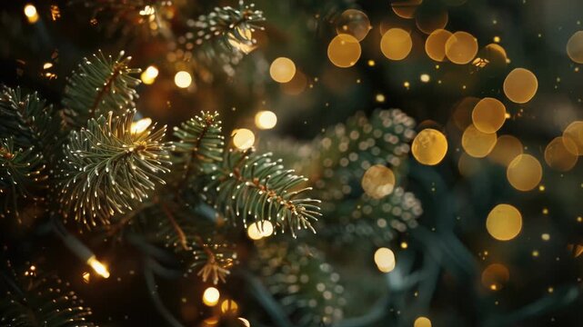 A close-up shot of a Christmas tree with twinkling lights in the background
