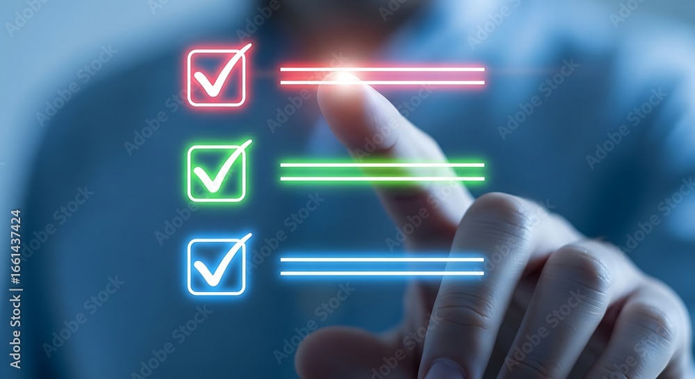 Poster finger touching glowing checklist with checkmarks and progress bars to-do list task