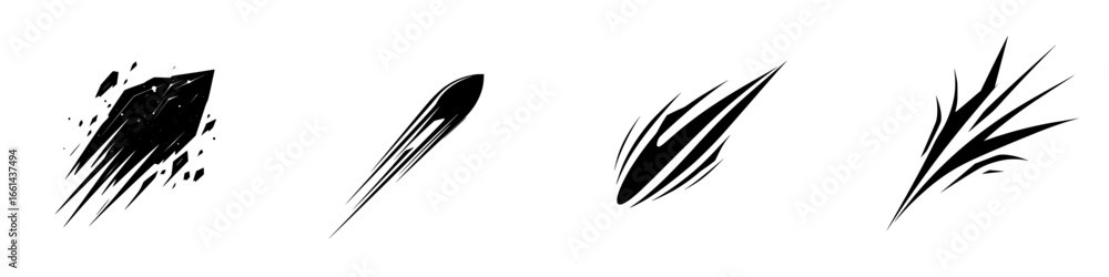 Poster dynamic black streaks representing movement and energy across a white background with varying length