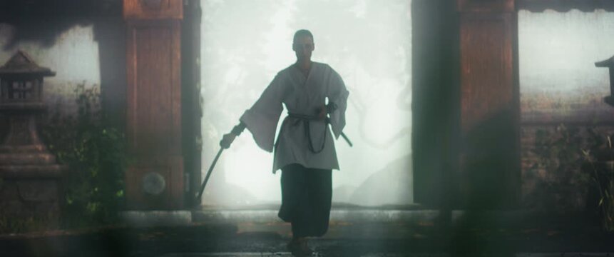 Female Warrior Practicing Her Martial Arts Technique with a Sword. Cinematic Footage of a Woman in Traditional Japanese Clothes Slowly Walking Towards Camera and Taking Out Her Katana