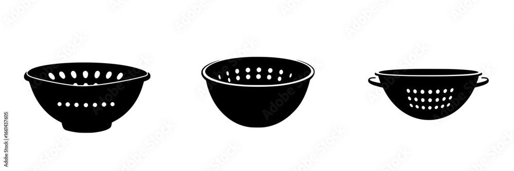 Poster various colanders displayed in different shapes and sizes for kitchen use and food preparation tasks