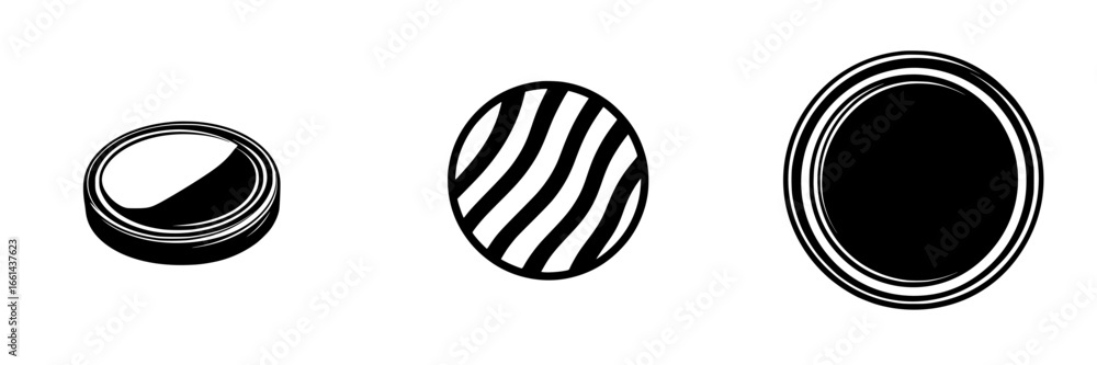 Poster circular objects with various designs displayed on a plain background in a minimalistic style