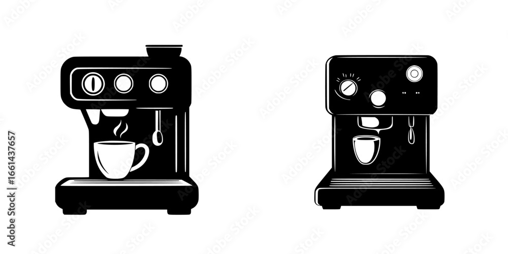 Poster coffee machines in a minimalist design showcasing brewing process and espresso preparation in a mode