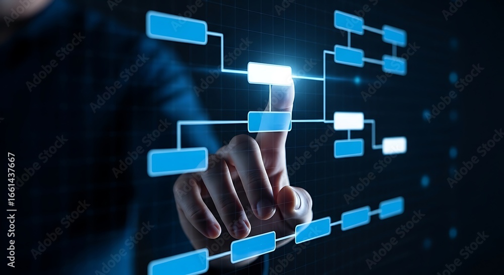 Poster finger touching glowing node in a digital flowchart on a dark background image photo