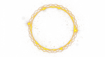 Golden circular round frame with sparkles and flares, featuring abstract luminous particles and a yellow stardust light effect on a transparent background. 