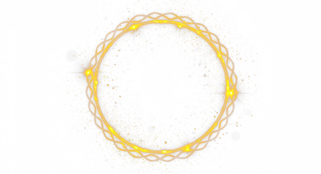 Golden circular round frame with sparkles and flares, featuring abstract luminous particles and a yellow stardust light effect on a transparent background. 