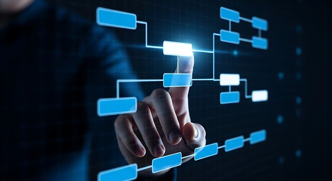 Finger touching glowing node in a digital flowchart on a dark background image photo - Powered by Adobe