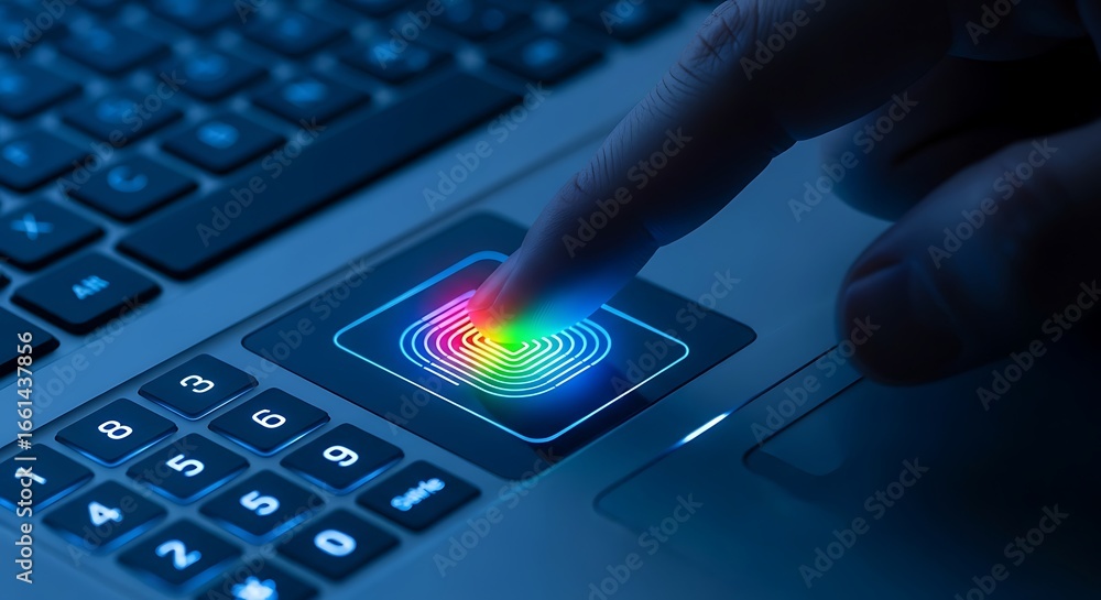 Poster fingerprint scanner with neon light and keypad on laptop for security access technology