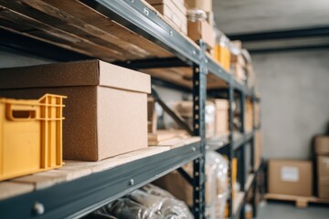 Garage Shelves. Organizing Storage Boxes and Crates on Shelving in Utility Room