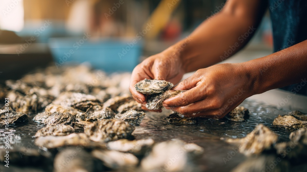 Poster medium shot of hands gently sorting through oysters focusing on their textured shells while the blur