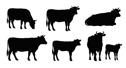 Collection of black cow silhouettes in various poses, including standing, grazing, and lying down.